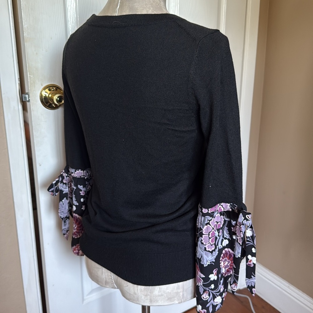 LOFT Black Crew neck lightweight sweater 3/4 Sleeve floral sleeves XS Like New - Picture 5 of 15
